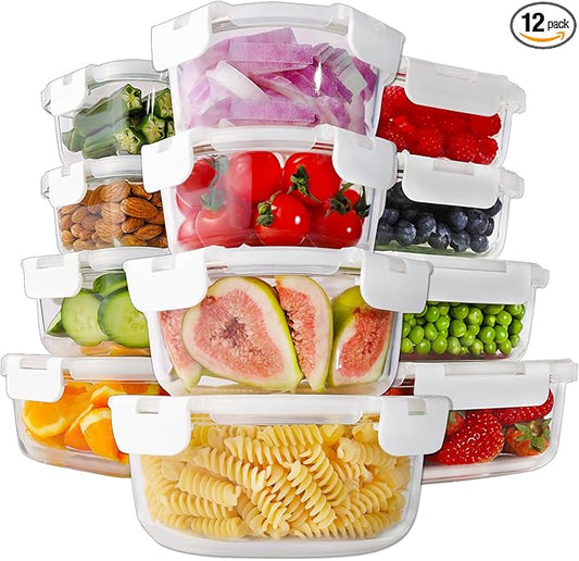 HOMBERKING 24pc Borosilicate Glass Food Storage Containers with Lids, Glass Meal Prep Containers with Leak Proof Snap Lock, Airtight Bento Lunch Boxes, Kitchen Storage (12 lids & 12 Containers)-White
