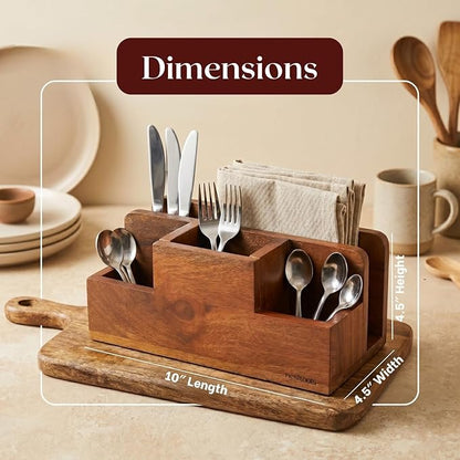 nestroots Silverware, Napkins & Spoon Holder, Acacia Wooden Utensil Caddy, Organizer Countertop, Cutlery Holder for Party, Fork, Knife Organizer