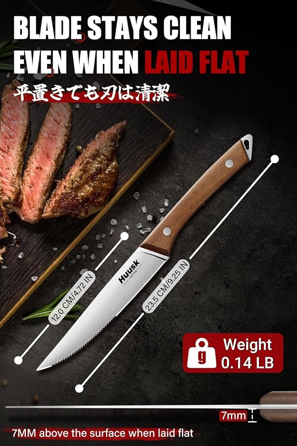 Huusk Steak Knives Set of 6 with Drawer Organizer-4.5 in Japanese Serrated Steak Knife Set with Block, Serrated & Straight Dual-Edge, Stainless Steel Steaks Knives with Holder, Fathers Day Gift Idea