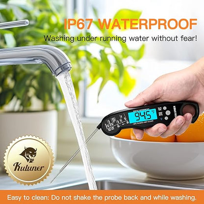 KULUNER Digital Meat Thermometer Instant Read, Waterproof Probe with Backlight & Calibration, Ultra Fast 2-3s Reading, Stainless Steel Kitchen Food Thermometer for Grilling BBQ Cooking Candy - Black