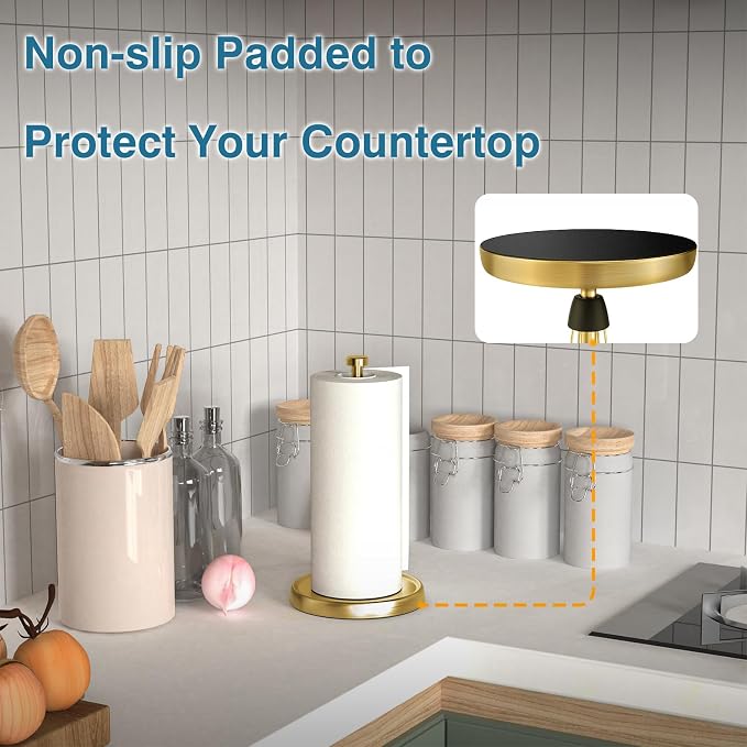 Paper Towel Holder Countertop, Gold Kitchen Accessories Decor, Stainless Steel, Weighted Base, Gold, Paper Towel Roll Holder Stand with Ratchet Mechanism for Kitchen Bathroom Farmhouse Essentials