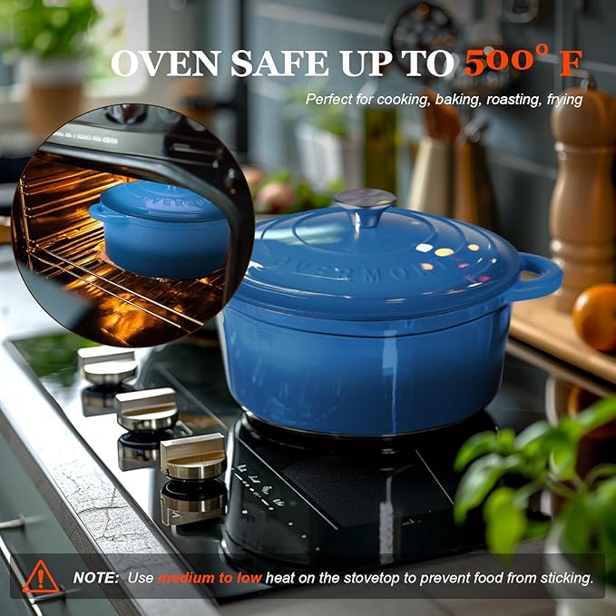 Overmont Enameled Cast Iron Dutch Oven - 4.5QT Pot with Lid Cookbook & Cotton Potholders - Heavy-Duty Cookware for Braising, Stews, Roasting, Sourdough Baking blue