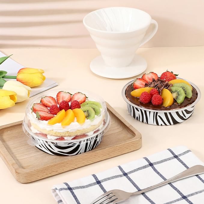 Beasea Mini Tart Pans with Lids 20 Pack, 4" 7.3oz Disposable Aluminum Foil Baking Tins Cups Round Pie Container for Individual Cupcake Dessert Muffin Cheesecake Quiche - Zebra Stripes