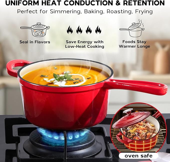 Onader Enameled Cast Iron Sauce Pan, 1QT & 2QT Small Saucepan Set with Lid, Cast Iron Sauce Cooking Pot, Enamel Dutch Oven, Nonstick & Induction Compatible – Red
