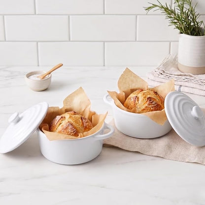 Kook Ceramic Mini Cocotte Set, Small Casserole Dishes with Lids and Handles, Individual Baking Ramekins, Oven safe 350F, Microwave & Dishwasher Safe, Stoneware, 12 oz, Set of 4, (Swiss White)