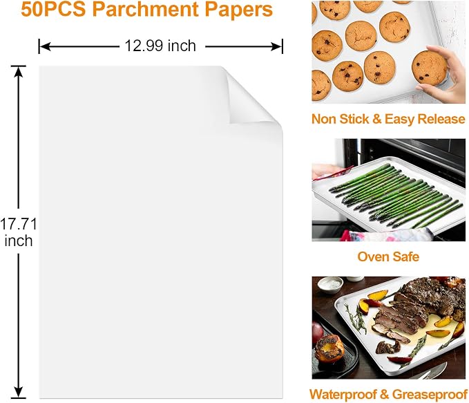 TeamFar Stainless Steel Baking Sheet, 17.6 x 13 x 1inch Half Baking Pan Cookie Sheets with Cooling Rack & 50PCS Parchment Papers for Baking/Roasting/Broiling, Healthy & Sturdy, Dishwasher Safe