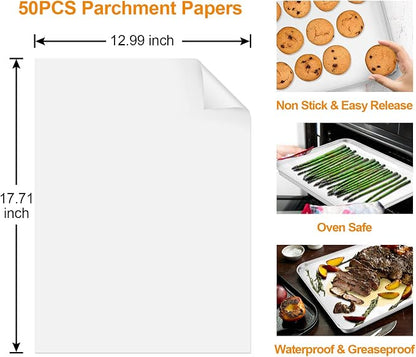 TeamFar Stainless Steel Baking Sheet, 17.6 x 13 x 1inch Half Baking Pan Cookie Sheets with Cooling Rack & 50PCS Parchment Papers for Baking/Roasting/Broiling, Healthy & Sturdy, Dishwasher Safe