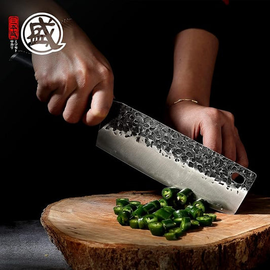MITSUMOTO SAKARI 7-Inch Japanese Nakiri Knife, SKD-11 Steel | Wide 2mm Nakiri blade for vegetable push cuts, 3-layer SKD-11 steel, textured finish, pakkawood handle
