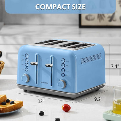 BUYDEEM DT640 4-Slice Toaster, 7 Shade Settings, Extra Wide 1.5’’ Slots for Bagel & English Muffin, 6 Toasting Functions, Retro Stainless Steel Toaster with High Lift Lever, 1800W, Blue