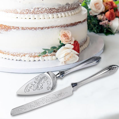 KSENDALO Elegant Wedding Cake Cutting Set with Hollow Handle Cake Knife and Server Set, SUS304(18/8S) Stainless Steel Cutter & Server for Weddings, Birthdays, Parties& Celebrations,13.78 Inch, Silver