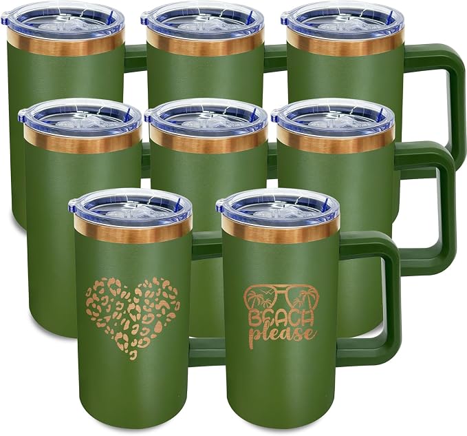 20 oz Insulated Coffee Mug with Lid, Stainless Steel Coffee Tumbler Bulk, Double Wall Vacuum Travel Mug with Handle, Leakproof Powder Coated Coffee Cups for Hot and Cold Drinks (Army Green,8 pack)