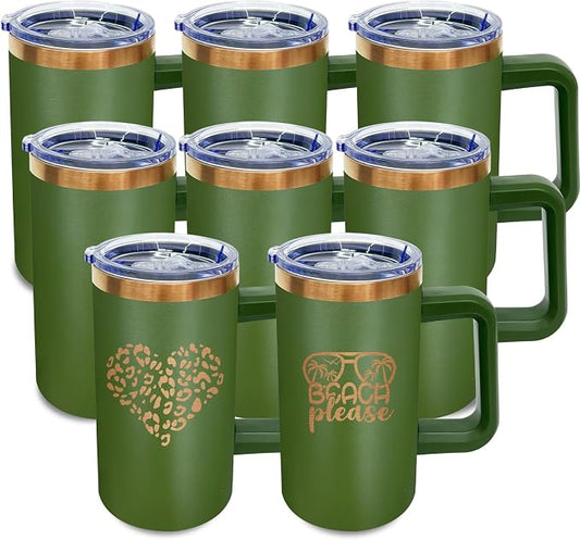 20 oz Insulated Coffee Mug with Lid, Stainless Steel Coffee Tumbler Bulk, Double Wall Vacuum Travel Mug with Handle, Leakproof Powder Coated Coffee Cups for Hot and Cold Drinks (Army Green,8 pack)