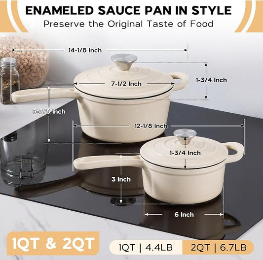 Onader Enameled Cast Iron Saucepan Set, 1 Quart & 2 Quart Sauce Pan with Lid, Small Cast Iron Pot for Cooking, Enamel Dutch Oven, Nonstick & Heavy Duty – Cream White
