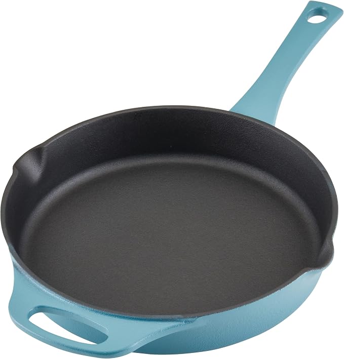 Rachael Ray NITRO Cast Iron Fryin Pan/Skillet with Helper Handle and Pour Spouts, 12 Inch - Agave Blue