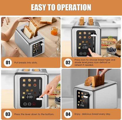 WUNLY Smart Digital 2 Slice Toaster with Touch Screen,1.5'' Extra Wide Slots for Bagel, Digital Countdown & Sound Control, 6 Bread Types & 6 Shade Settings, Defrost/Reheat/Standby,Titanium