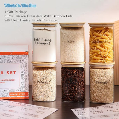 6 Pcs Square Glass Pantry Storage Containers with Bamboo Airtight Lid and 248 Clear Pantry Labels Preprinted - 37oz Thicken Glass Food Storage Jars for Coffee, Cookie, Tea, Sugar, Spice
