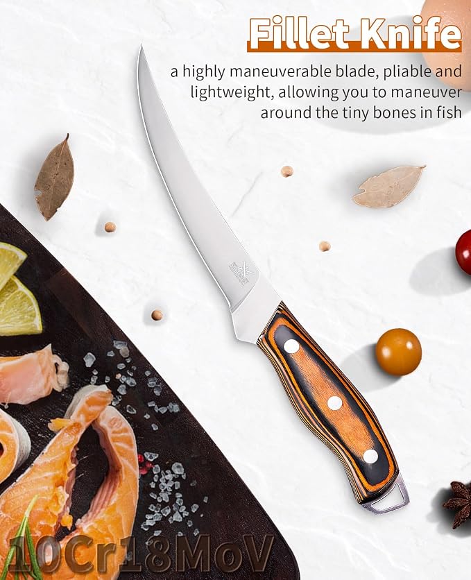 Naitesen Professional Boning Knife and Fillet Knife Set 2, Super Sharp Outstanding Flexibility 10Cr18Mov High Carbon Steel Full Tang Wooden Handle for Fish Meat Poultry Cutting Home Kitchen