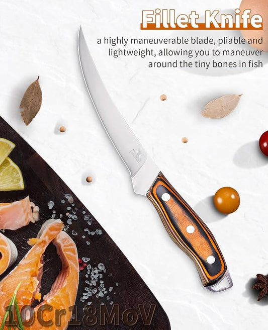 Naitesen Professional Boning Knife and Fillet Knife Set 2, Super Sharp Outstanding Flexibility 10Cr18Mov High Carbon Steel Full Tang Wooden Handle for Fish Meat Poultry Cutting Home Kitchen