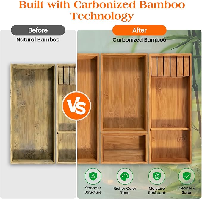 Piklohas Carbonized Bamboo Kitchen Silverwar Drawer Organizer,14.2 inch Length Natural Utensil Flatware Organizers Tray Storage for Spoons Forks & Knives
