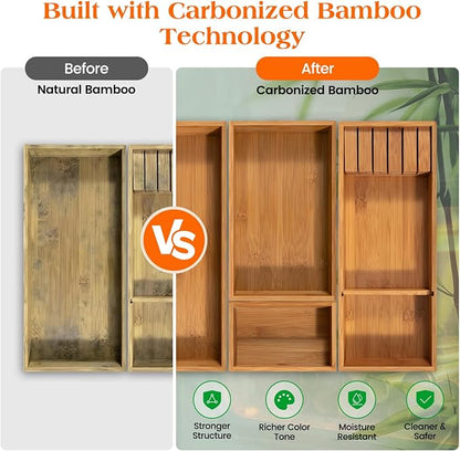 Piklohas Carbonized Bamboo Kitchen Silverwar Drawer Organizer,14.2 inch Length Natural Utensil Flatware Organizers Tray Storage for Spoons Forks & Knives