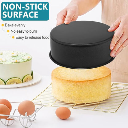 P&P CHEF 6 Inch Cake Pan, Nonstick Round Baking Layer Cake Pans Tins Set for Birthday Wedding, 2.94-Inch Deep Side & One-piece Design, Stainless Steel Core & Easy Clean, Black 4Pcs