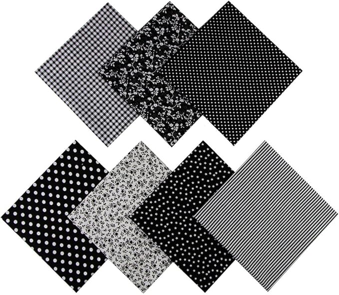 7PCS Different Patterns Printed Cotton Fabric Squares 50 cm x 50 cm Handmade Craft Cloths Bundle for Sewing Patchwork, Quilting, DIY Scrapbooking Tissue (Black)