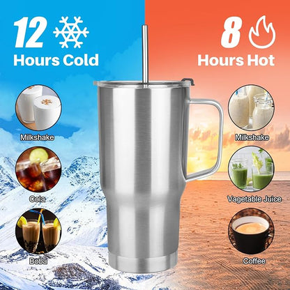 20 oz Tumbler with Handle, Stainless Steel Insulated Tumbler with Lid and Straw, Double Wall Vacuum Coffee Mug Tumbler, Insulated Coffee Thermal Cup for Cold and Hot (Silver)