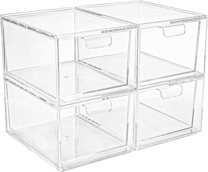Foraineam 4 Pack Stackable Storage Containers Makeup Organizer Drawers, Acrylic Storage Bins with Pull-Out Drawers, Clear Plastic Cosmetic Display Case For Vanity, Cupboard, Pantry, Kitchen Cabinet
