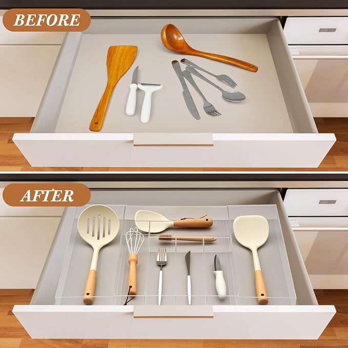 Teenyyou 1 Pack Expandable Kitchen Drawer Organizer Clear Acrylic Utensil Organizer Adjustable Acrylic Silverware Storage for Drawers Silverware Flatware Knives (12 x 16 Inches,6-8 Compartments)