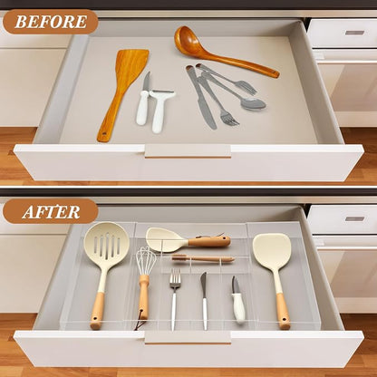 Teenyyou 1 Pack Expandable Kitchen Drawer Organizer Clear Acrylic Utensil Organizer Adjustable Acrylic Silverware Storage for Drawers Silverware Flatware Knives (12 x 16 Inches,6-8 Compartments)