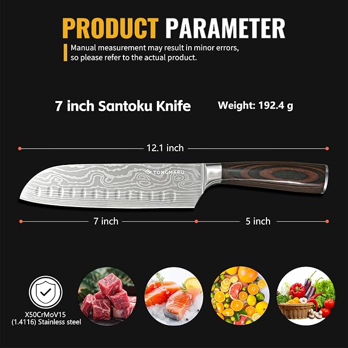 Santoku Knife, 7 inch Professional High Carbon Razor Super Sharp German Stainless Steel - Japanese Chef Kitchen Knife with Ergonomic Forged PakkaWood Handle, with Luxury Gift Box, for Family