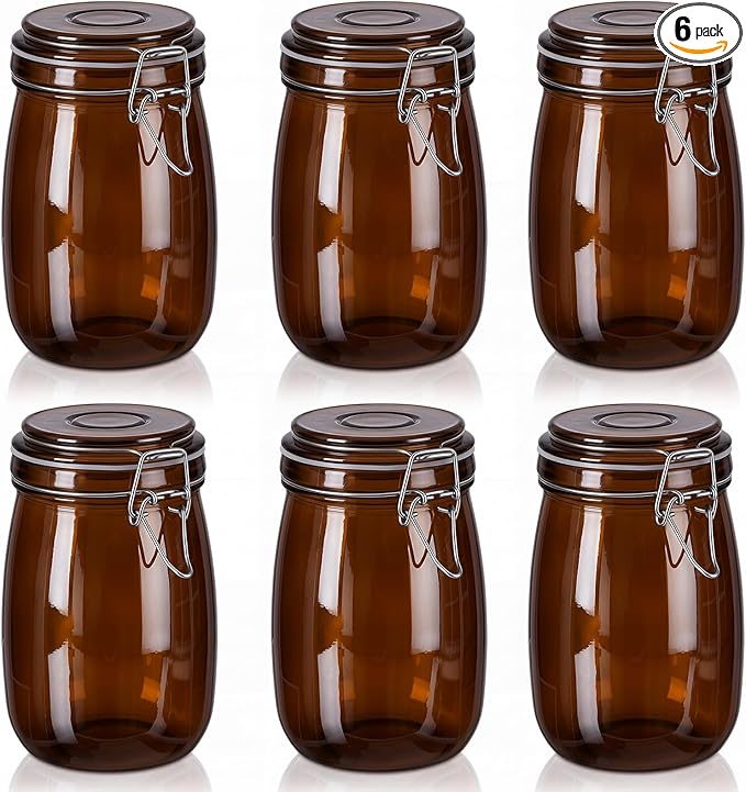 Norme 6 Pack 34oz Amber Airtight Glass Jars with Lids, Round Food Storage Container Airtight Food Wire Clip Fastening for Sauerkraut Flour Kitchen Sugar Cereal Kitchen Canning Pickling Mason Jars