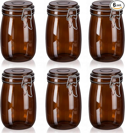 Norme 6 Pack 34oz Amber Airtight Glass Jars with Lids, Round Food Storage Container Airtight Food Wire Clip Fastening for Sauerkraut Flour Kitchen Sugar Cereal Kitchen Canning Pickling Mason Jars