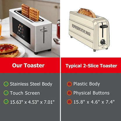 2 Slice Toaster with Touch Screen, Slim Toaster For Long Slice, 1.6" Wide Slot, 6 Browning Levels, 1000W Fast Heating, Slim Stainless Steel Design for Bagels, Baguettes, Compact Kitchen & RV Use