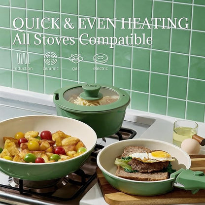 Ceramic Cookware Set Non Stick 8Pcs Pots and Pans Set Detachable Handle Induction Kitchen Cooking Set with Frying Pans Oven Dishwasher Safe, PFAS/PFOA Free, Forest Green