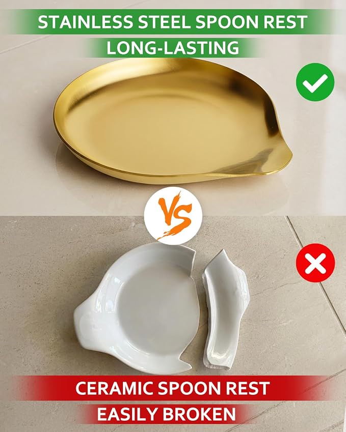 VanlonPro Stainless Steel Spoon Rest, Spatula Ladle Holder, Stainless Steel Utensil Spoon Rest Holder, Brushed Finish, Dishwasher Safe 5.9 x 5.1 Inch (Round Gold 1PC)