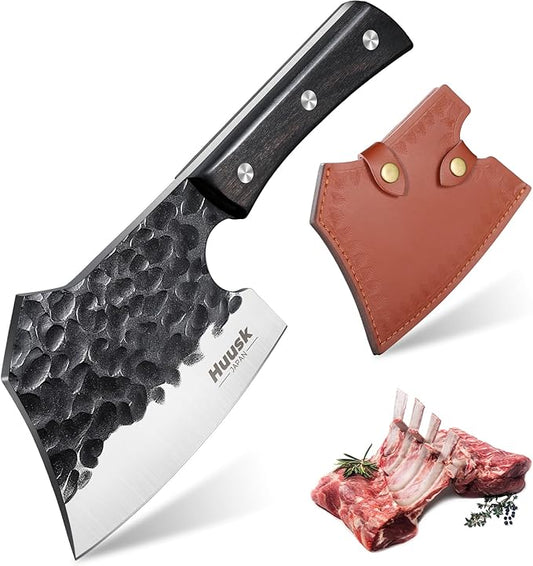 Huusk Meat Cleaver Knife Heavy Duty Bone Chopper, Hand Forged Kitchen Axe with Sheath, Full Tang Bone Chopping Knife, Japanese Butcher Knife for Meat Cutting, Fathers Day Gift Idea for Men Dad