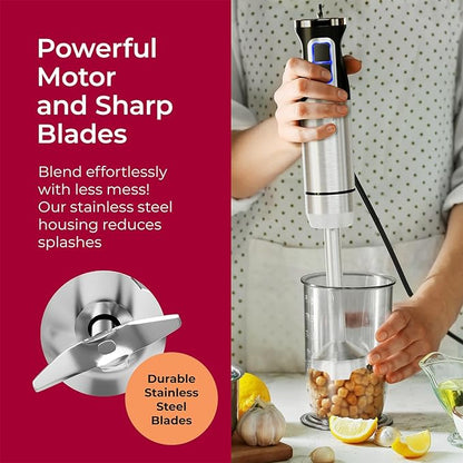 MuellerLiving Ultra-Stick Immersion Hand Blender, 500W Heavy Duty Motor, 8-Speed Turbo Setting, Includes Blending Shaft, Whisk, Milk Frother & Measuring Beaker