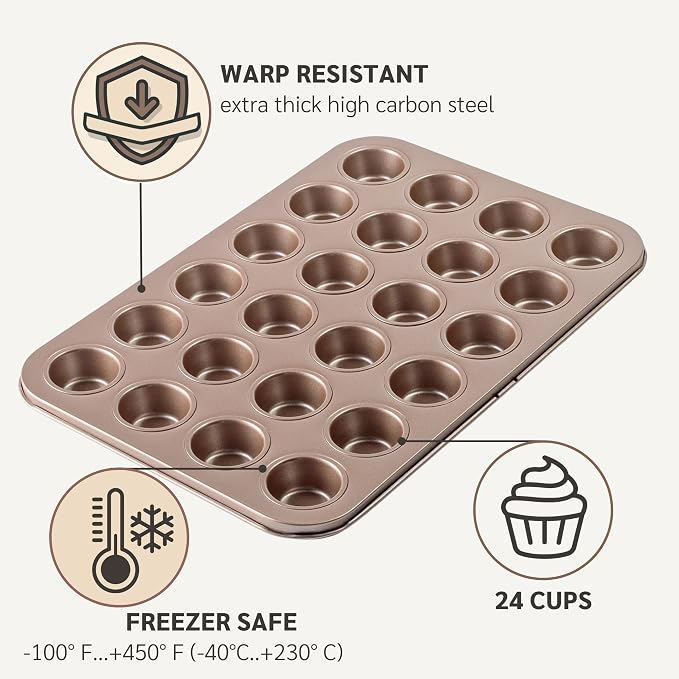 HAPPIELS 24 Cup Mini Muffin Pan Nonstick for Oven Baking, PFOA & BPA Free | Nontoxic Mini Cupcake Tin | Best Non Stick Muffin Pans | Carbon Steel Small Muffin tins | Cupcakes Bakeware Mold