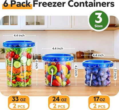 HOMETALL Freezer Storage Containers, [6 Pack- 33/24/17 OZ] Airtight Plastic Food Storage Containers with Twist Top Lids, Soup, Meal Prep Containers | BPA Free | Stackable | Leakproof | Microwave Safe
