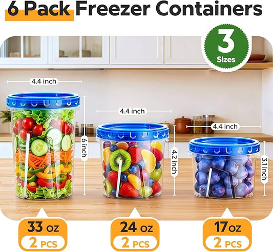 HOMETALL Freezer Storage Containers, [6 Pack- 33/24/17 OZ] Airtight Plastic Food Storage Containers with Twist Top Lids, Soup, Meal Prep Containers | BPA Free | Stackable | Leakproof | Microwave Safe