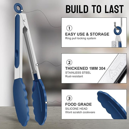 HOTEC Premium Stainless Steel Locking Kitchen Tongs with Silicon Tips, Set of 3-7", 9" and 12" (Classic Blue)