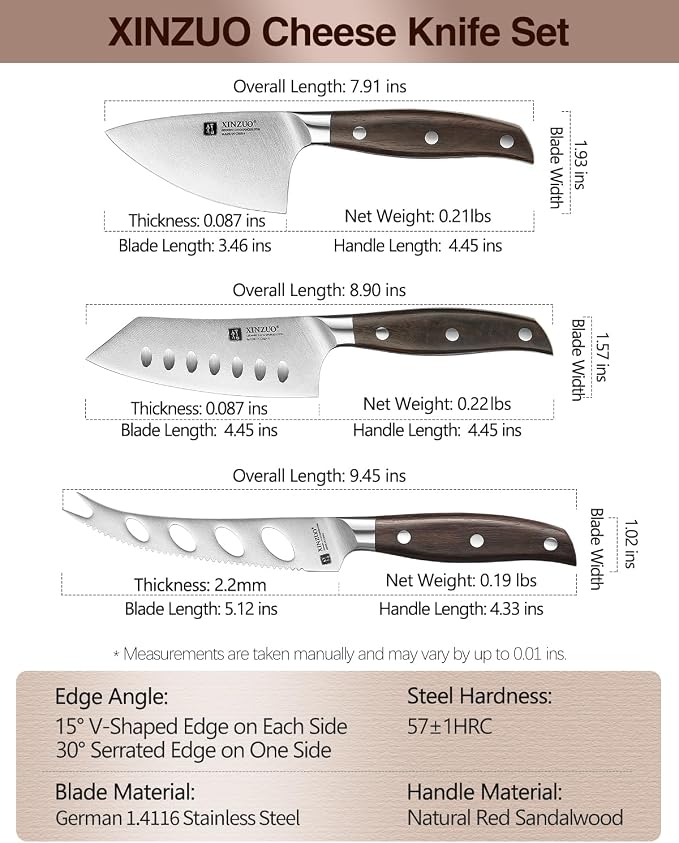 XINZUO Cheese Knife Set with In-Drawer Block, 4-Piece for Charcuterie Board,Hard Cheese Knife-Parmesan Cheese Knife,German Stainless Steel,Red Sandalwood Handle