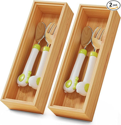Bamboo Kitchen Drawer Organizer Boxes – 9" x 3" Stackable Wood Silverware Utensil Tray for Drawers Bins, Cutlery & Flatware Storage – Wooden Organizers Set of 2 for Junk Drawer, Bathroom, RV