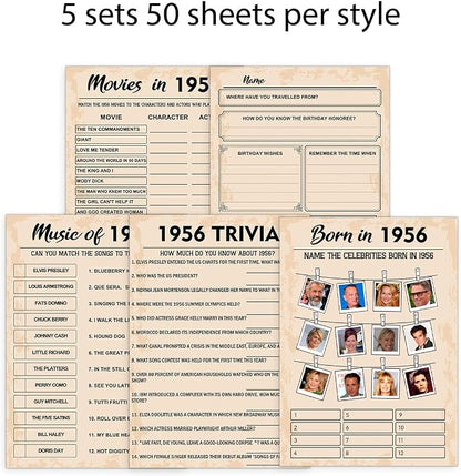 QUPT 70th Birthday Party Games, Born in 1956 Games Bundle, Set of 5 Activities for 10 Guests, Birthday Party Supplies for Adults, Pack of 50 Cards
