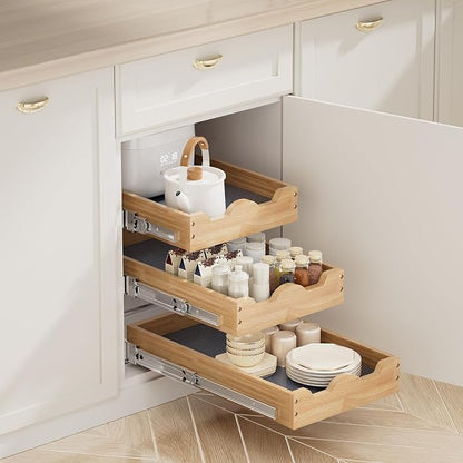 DINDON 3 Tier Pull Out Cabinet Organizer 11” W X21” D Slide Out Wood Drawer With Shelf Liner For Kitchen Pantry Organization