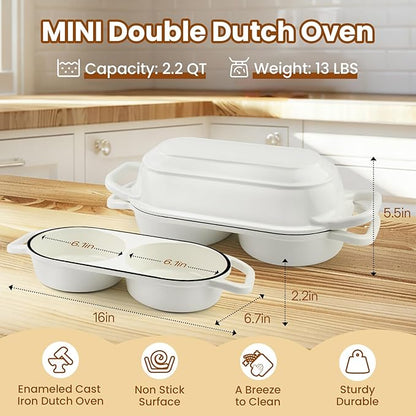 YONILL Mini Double Dutch Oven for Sourdough Bread Baking - Enameled Cast Iron Dutch Oven Pot with Lid and 5" Banneton Bread Proofing Basket Kit, Dual Round Bread Loaf Pan for Homemade Baking (White)