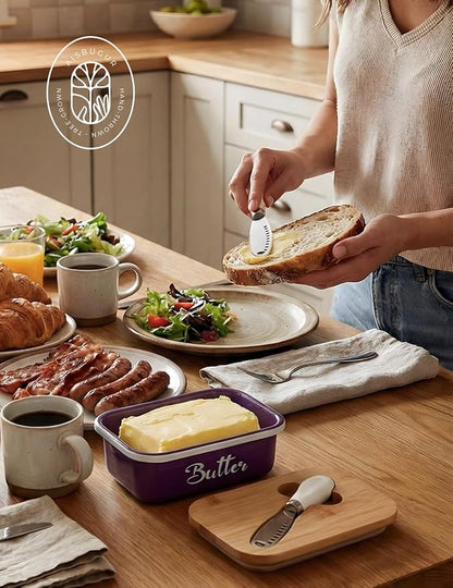 Butter Dish, Butter Dish with Lid for Countertop,Metal Butter Keeper with Stainless Steel Multipurpose Butter Knife, Large Butter Container with quality Silicone Good Kitchen Gift,Purple