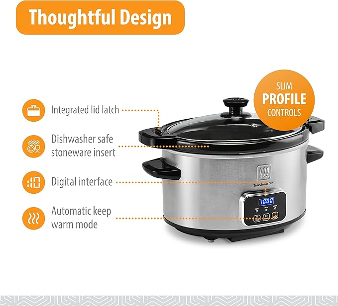 Toastmaster 4-Quart Digital Slow Cooker with Locking Lid - Food Warmer for Dip, Soups, Parties, Meal Preparation & More - Stainless Steel