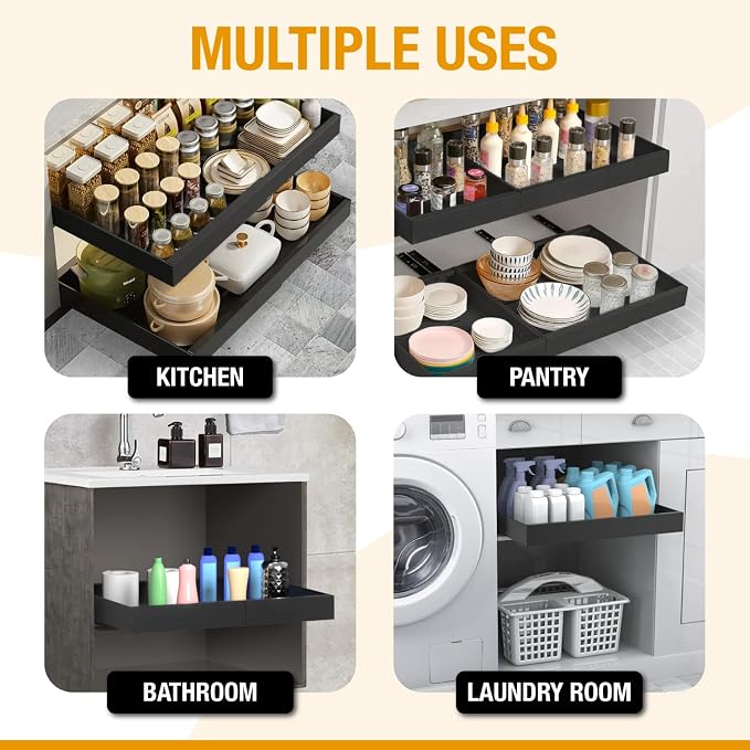 Expandable Pull Out Drawers for Cabinets(Black) : Kitchen and Pantry Organizer, Sliding Cabinet Organizer with Adhesive, Under Sink and Pots Storage, Depth 16.5". expandable pull out cabinet organizer